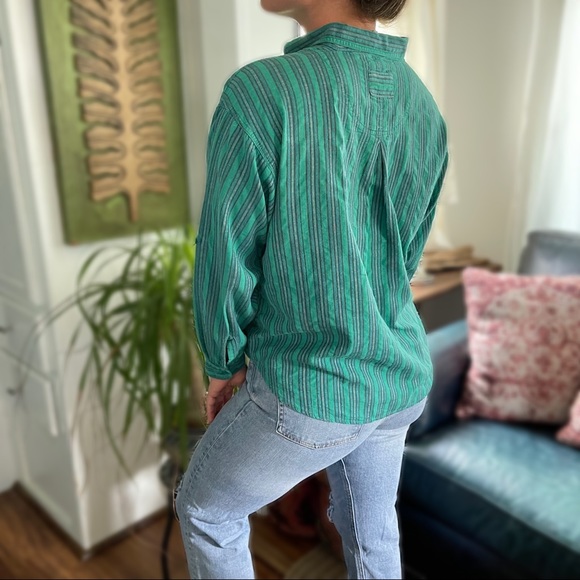 ✨SOLD ON IG✨VTG 80s Heshy II Boho Teal Striped Button Up Top L - Picture 2 of 4